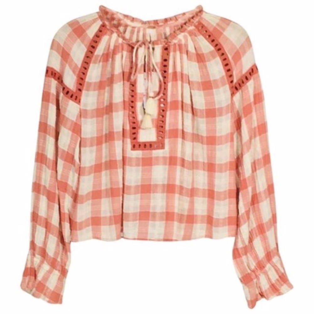 Free People | Honey Groove Plaid Top Womens L Beige Long Sleeve Knit Blouse - Picture 4 of 13